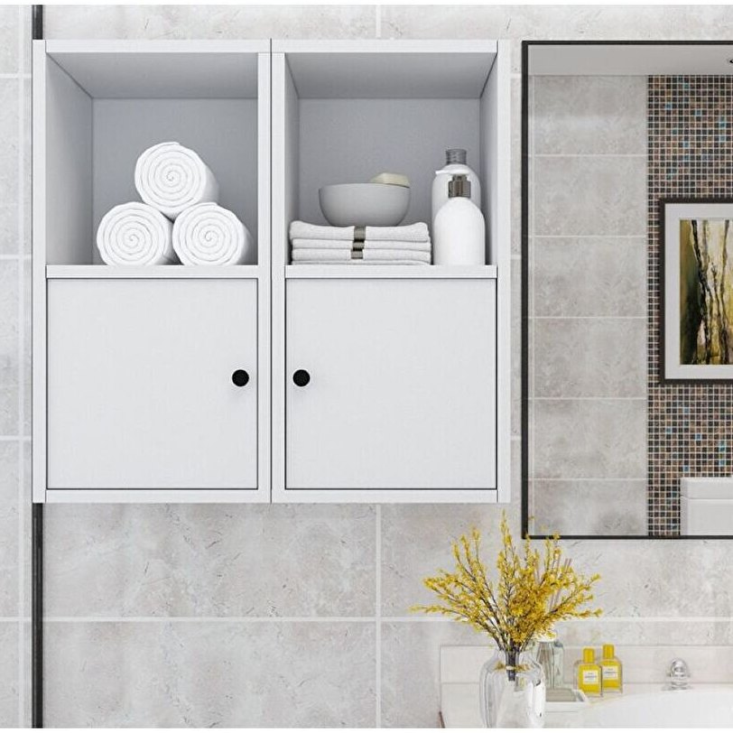 Nettrends Snow Açık Raflı İki Kapaklı Dört Bölmeli Duvar Tipi Beyaz Banyo Rafı